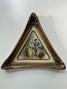 Vintage framed fashion print. Hand-cut mat | Gold leaf triangle frame. 32 cm